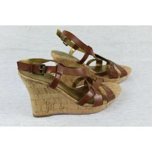 Guess Brown Leather Platform Cork Wedge Sandal‎ Style Heels Size 7M
